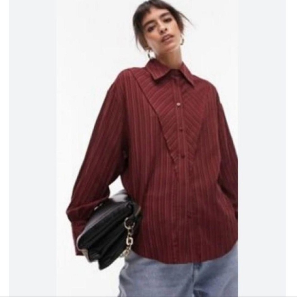 TOPSHOP Berry Textured Panel Flared Long Sleeve Blouse Size 8 - Picture 7 of 9